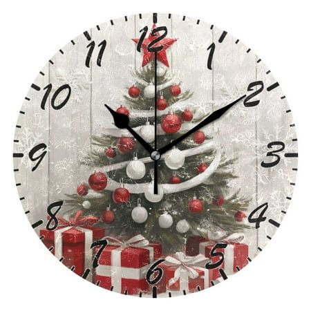 Red and White Christmas Tree Wall Clock 10 Inch Battery Operated Clocks Living Room Decor, Silent Non-Ticking for Living Room Home Kitchen office