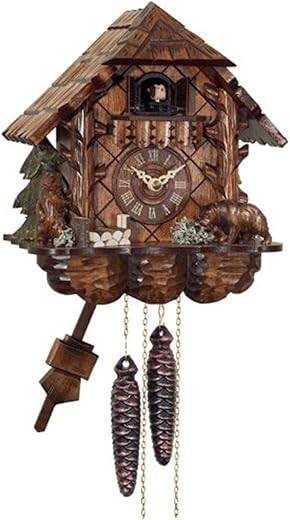 River City Clocks One Day Cuckoo Clock Cottage with Hand Carved Bear