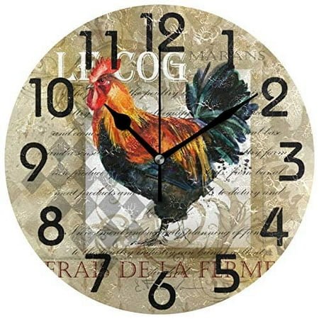 Rural Farm Rooster Vintage Round Wall Clock, 9.5 Inch Battery Operated Quartz Analog Quiet Desk Clock for Home,Office,School