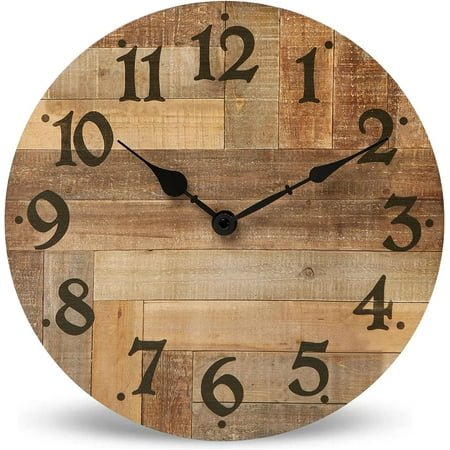 Rustic Farmhouse Wall Clock - 12 Inch Battery Operated Silent Non Ticking Vintage Wooden MDF Clock Home Decor for Kitchen, Living Room, Bedroom, Office