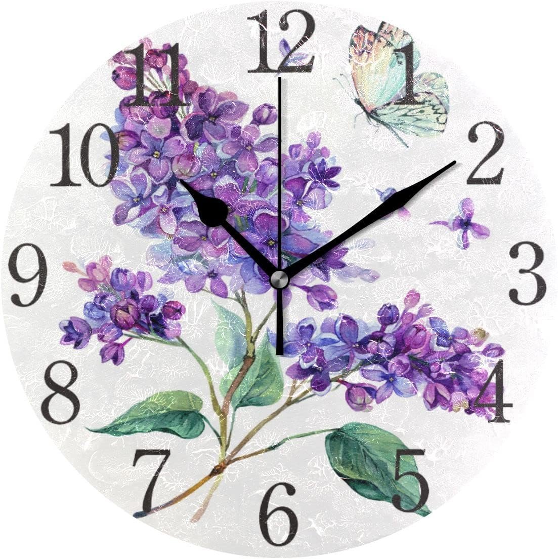 senya Wall Clock Silent 9.5 Inch Battery Operated Non Ticking Butterfly Purple Flowers Round Decorative Acrylic Quiet Clocks for Bedroom Office School Home by domook