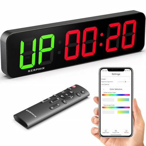 SERPHIX 15.2 Gym Timer, App & Remote Control, Customizable LED Colors, Workout Interval Timer Stopwatch Countdown Large Digital Wall Clock for Home Gym