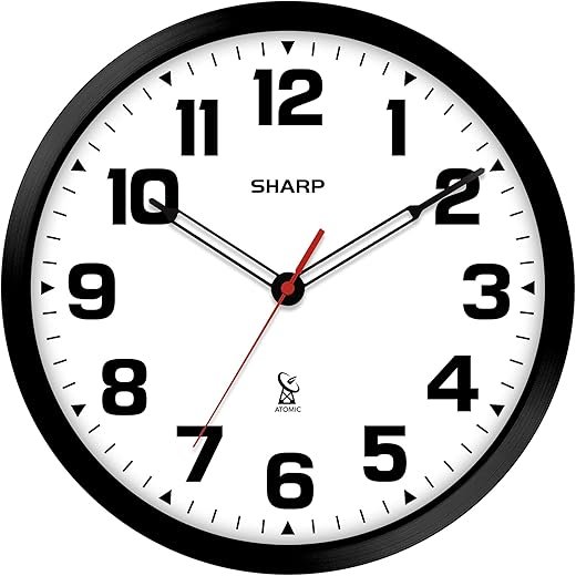 Sharp Atomic Analog Wall Clock - 12" Black Stylish Frame - Sets Automatically- Battery Operated - Easy to Read - Easy to Use – Modern Design and Style