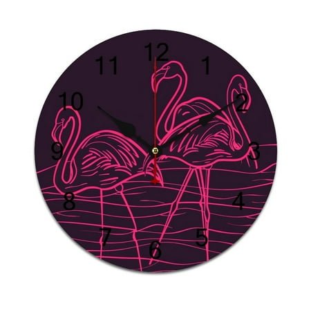 Silent Wall Clock 25cm/9.84in Round Wall Clock Neon Flamingo Hanging Clock for Home Living Room Bedroom Kitchen Non Ticking Battery Operated Living Room Mute Clock