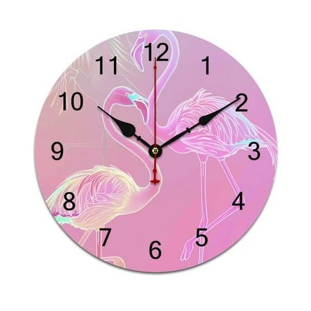 Silent Wall Clock 30cm/11.8in Round Wall Clock Neon Flamingo Hanging Clock for Home Living Room Bedroom Kitchen Non Ticking Battery Operated Living Room Mute Clock