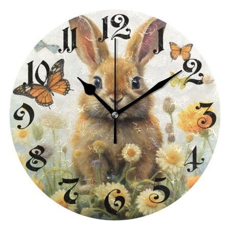 Silent Wall Clock Rabbit Butterfly and Flower 10 Non-Ticking Battery Clock Rustic Retro Home Decorative for Living Room Kitchen Bathroom