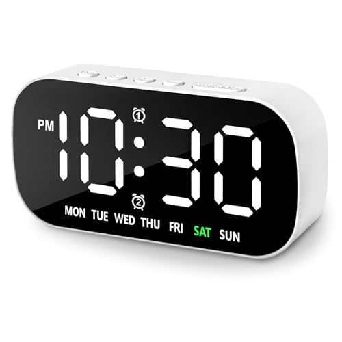 Small Digital Alarm Clocks for Bedrooms, 5 Levels Brightness Plug in Digital Clock Dual Alarm 12/24Hr and Snooze, Simple Large Numbers Bedside Loud Alarm Clock for Heavy Sleepers Adults Teens(White)