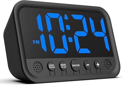 Small LED Digital Clock for Bedroom, Loud Alarm Clock for Heavy Sleepers Adults, Teens | Plug-In Electric Desk Clock | Simple Bedside Nightstand Clock with Adjustable Volume/Brightness/Snooze – Blue