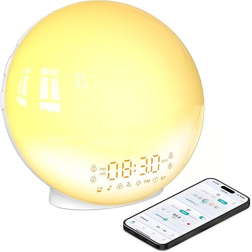 Smart Sunrise Alarm Clock Wake Up Light for Heavy Sleepers, Sunrise/Sunset Simulation, Quadruple Alarms & Natural Sounds, Customizable Sleep Routines, Ideal Present (App No Signup)