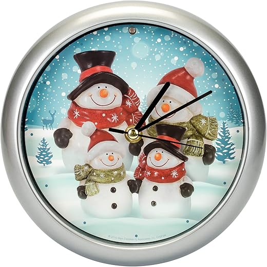 Snowman Family Winter Wonderland Round Silvertone Framed 8 Inch Musical Wall Clock