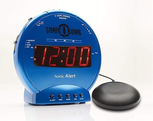 Sonic Alert Sonic Bomb Dual Alarm Clock with Bed Shaker, Blue Vibrating Alarm Clock Heavy Sleepers, Battery Backup | Wake with a Shake