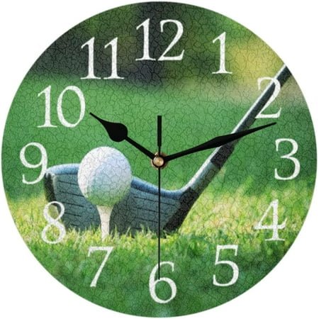 Sport Golf Ball Wall Clock Silent Non-Ticking Golf Club Theme Round Wall Clock Battery Operated Clock Decor for Home Wall Bathroom Kitchen Bedroom Living Room Office School Patio