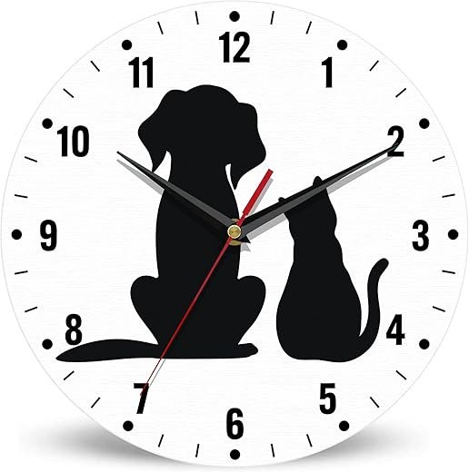 SPUNKER Clock for Bedroom,Black Cat Dog Wall Clock Battery Operated 10 Inch,Animals Round Clock Silent Non-Ticking Wall Decor for Farmhouse Office Home School Living Room Bedroom