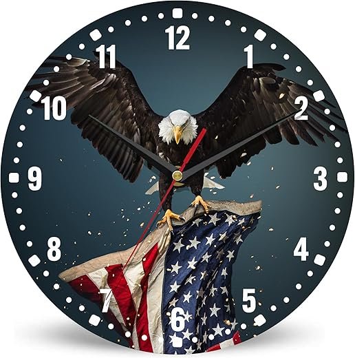 SPUNKER Eagle Wall Clocks,USA Flag Wall Clock Battery Operated 10 Inch,American Bald Eagle Round Clock Silent Non-Ticking Wall Decor for Farmhouse Office Home School Living Room Bedroom