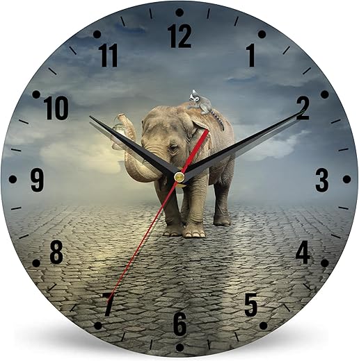 SPUNKER Wall Clock,Elephant Wall Clocks,African Animals Lantern Battery Operated Wall Clock Silent Non-Ticking Decorative for Home Kitchen Bathroom Living Room Bedroom Office 10 Inch