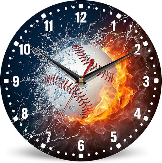 SPUNKER Wall Clocks,Baseball Wall Clocks,USA Sport Fire Water Battery Operated Wall Clock Silent Non-Ticking Decorative for Home Kitchen Bathroom Living Room Bedroom Office 10 Inch