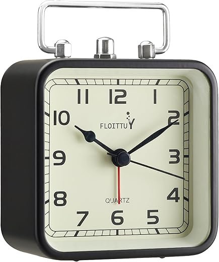 Square Metal Beep Alarm Clock Silent No Ticking, Snooze and Battery Operated, Night Light and Desk Clock for Bedroom/Travel/Kids, Easy Set(Black)