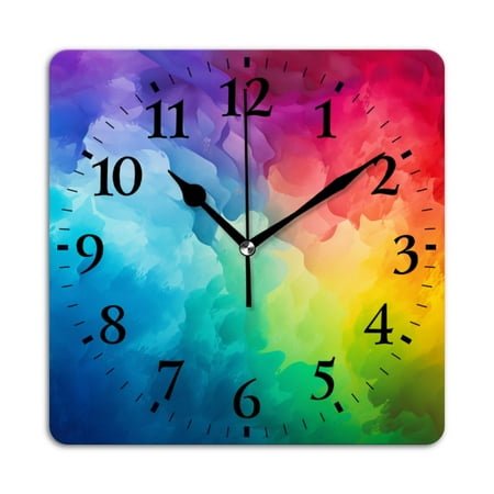 Square Wall Clock,Abstract BackgSquare With Rainbow-Colored Clouds In Watercolor Style,Silent Non-Ticking Wall Clock Decor for Home Office Kitchen Living Room Bedroom(10inch)