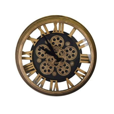 Steampunk Style Black and Gold Skeleton Wall Clock With All Moving Gears and Roman Numerals