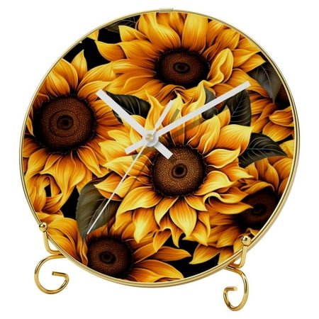 Sunflower Rustic Round Wall Clocks with Printed Design, Hooks and Gold Stand - Silent Non Ticking for Office, Home, or Dorm Use