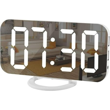 SUSWIM Digital Clock Large Display, LED Electric Alarm Clocks Mirror Surface for Makeup with Diming Mode, 3 Levels Brightness, Dual USB Ports Modern Decoration for Home Bedroom Decor