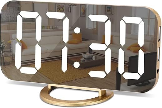 SZELAM Digital Alarm Clock,LED and Mirror Desk Clock Large Display,with Dual USB Charger Ports,3 Levels Brightness,12/24H,Modern Electronic Clock for Bedroom Home Living Room Office - Gold