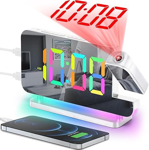 SZELAM Projection Alarm Clock,7.4 LED Mirror Digital Clocks Large Display,with 180° Rotatable Projector,RGB Night Light,USB C Port,Auto Dimming,Modern Desk Clock for Bedroom Decor - White