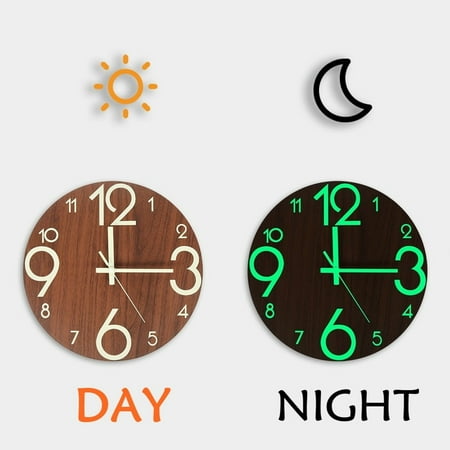 Tcwhniev Luminous Wall Clock,Wooden Glow in The Dark Clock, 12inch Silent Non-Ticking Battery Operated Hanging Clock, Energy-Absorbing Luminous Numerals and Hands, Lighted Wall Clock Decoration