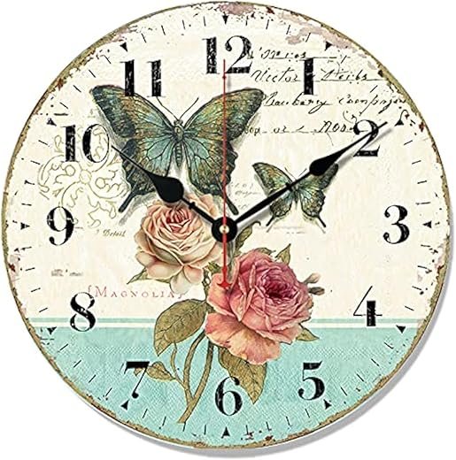 Telisha Wooden Wall Clock Green Butterfly Rose Flower Clock Retro Vintage Large Clock Home Decorative Country Non -Ticking Silent Quiet 14 Inch Gift