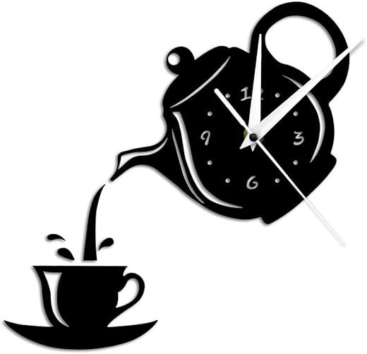 The Geeky Days DIY Teapot and Cup Design Acrylic Mirror Modern Wall Clock Tea Kettle Hanging Watch Kitchen Decor