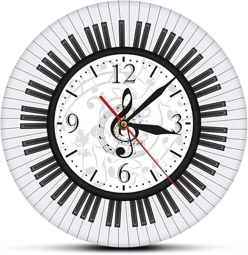 The Geeky Days Piano Keyboard Treble Clef Wall Art Modern Silent Wall Clock Musical Notes Black and Decorative White Wall Watch Music Studio Decor Pianist Gift