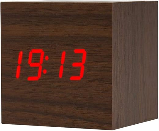 ThreeH Digital Alarm Clock,Wood LED Light Mini Cube Desk Alarm Clock Displays Time Date Temperature for Kids,Bedrooms,Home,Dormitory,Travel AC10 Brown_Red