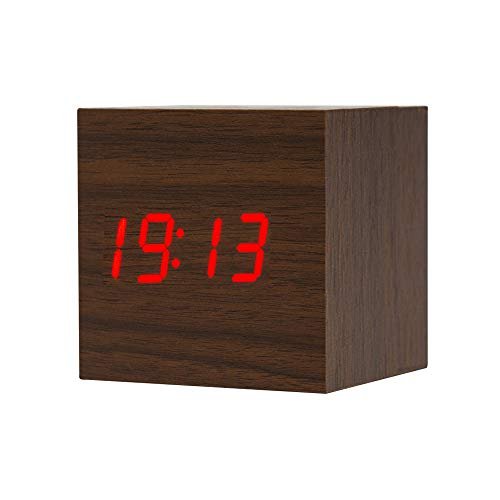 ThreeH Digital Alarm Clock,Wood LED Light Mini Cube Desk Alarm Clock Displays Time Date Temperature for Kids,Bedrooms,Home,Dormitory,Travel AC10 Brown_Red