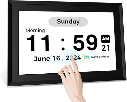 Touchscreen Digital Calendar Day Clock for Seniors 10.1 Inch, Voice Alarm | Medication Reminder | WiFi Accurate Time, Customizable Gift for Elderly or Dementia Alzheimers - Black