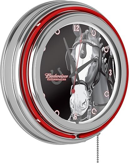 Trademark Global Budweiser Retro Neon Wall Clock, 14 Decorative Plug in or Battery Operated Analog Clock with Pull Chain