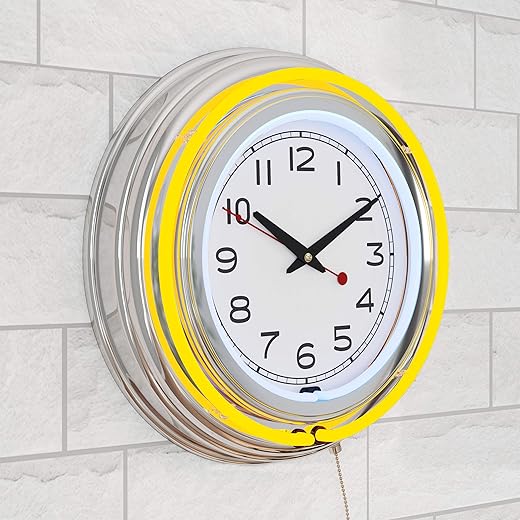 Trademark Global Neon Wall Clock- 14 Round, Double Light Ring, Dual Power, Analog Quartz Timepiece- Retro Décor for Bar, Garage & Game Room by Lavish Home (Yellow)