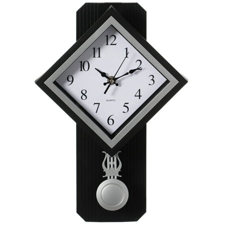 Traditional Square Wood- Looking Pendulum Plastic Wall Clock for Living Room, Kitchen, or Dining Room