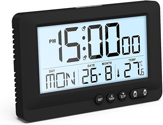 Travel Alarm Clock, Portable LCD Alarm Clock, Compact Size, Small Alarm Clock Bedside with 5s Backlight, Snooze, 12/24H, Temperature, Battery Powered Desk Clock for Bedroom Traveling