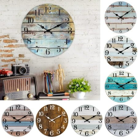 Trayknick Vintage Rustic 10-Inch Round Wood Wall Clock - Non-Ticking Silent Battery Operated, Indoor Analog Clock for Home Decoration