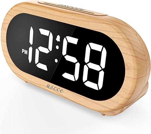 uscce Small Digital Clock for Bedroom: 6 Dimmable Brightness 4 Alarm Volume - Plug in Clock with Easy Operation for Bedside Desk Wood Grain