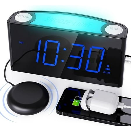 Vibrating Alarm Clock with Bed Shaker,Digital Bedroom Clock for Heavy Sleepers,Deaf Hearing Impaired Senior, 7 Night Light, Large LED Display,Dimmer, 2 USB Charger,12/24H/DST,Battery Backup