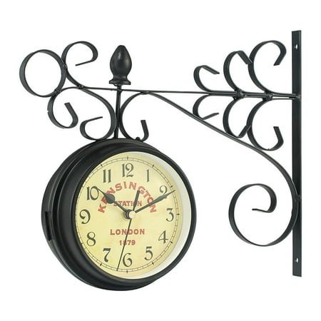 Vintage Art Design Double Sided Wall Clock Station Style Round Clock Brackets Wall Side Mount for garden and home Living Room Hallway Decor