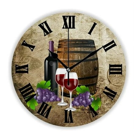 Vintage Wine Barrel and Glasses Grapes Wall Clock for Kitchen Dining Room Bar Tavern Large Wall Watch Winery Drunkery Home Decor（10 Inch）