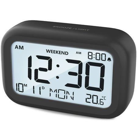 VOCOO Digital Alarm Clock with Date and Temperature, Battery Operated 3.5'' LED Small Modern Digital Clock for Bedroom/Living Room Decor Black(Battery Included)