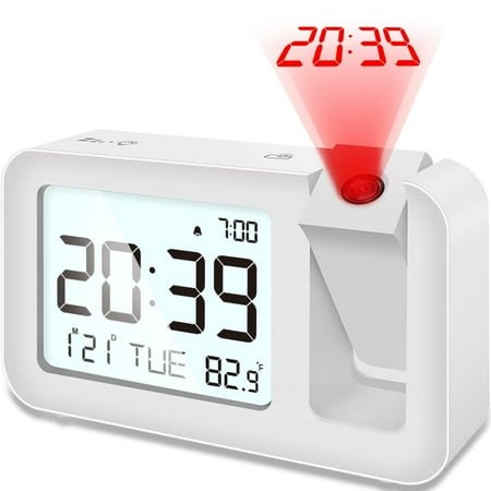 VOCOO Projection Alarm Clock for Ceiling/Wall/Bedroom, Electric Ceiling Projection Clock with LCD Laser Display Temperature 12/24h for Kids, Adults, Elders White