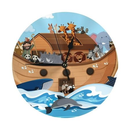 Wall Clock - Animals on Noah's Ark 9.8 Inch Silent Non Ticking Modern Round Wall Clocks Battery Operated Classic Clock for Bedroom, Living Room, Office, Home, Kitchen, Bathroom