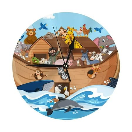 Wall Clock - Animals on Noah's Ark Floating 9.8 Inch Silent Non Ticking Modern Round Wall Clocks Battery Operated Classic Clock for Bedroom, Living Room, Office, Home, Kitchen, Bathroom