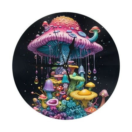 Wall Clock - Colorful Mushroom 9.8 Inch Silent Non Ticking Modern Round Wall Clocks Battery Operated Classic Clock for Bedroom, Living Room, Office, Home, Kitchen, Bathroom