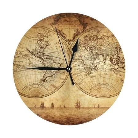 Wall Clock - Vintage Map Of World 9.8 Inch Silent Non Ticking Modern Round Wall Clocks Battery Operated Classic Clock for Bedroom, Living Room, Office, Home, Kitchen, Bathroom