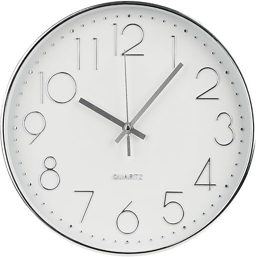 Wall Clock 12 Inch Non-Ticking Silent Modern Simple Style Round Decor Clock Silver Stereoscopic Dial Quartz Wall Clocks for Home/Office/School/Living Room/Bedroom/Kitchen